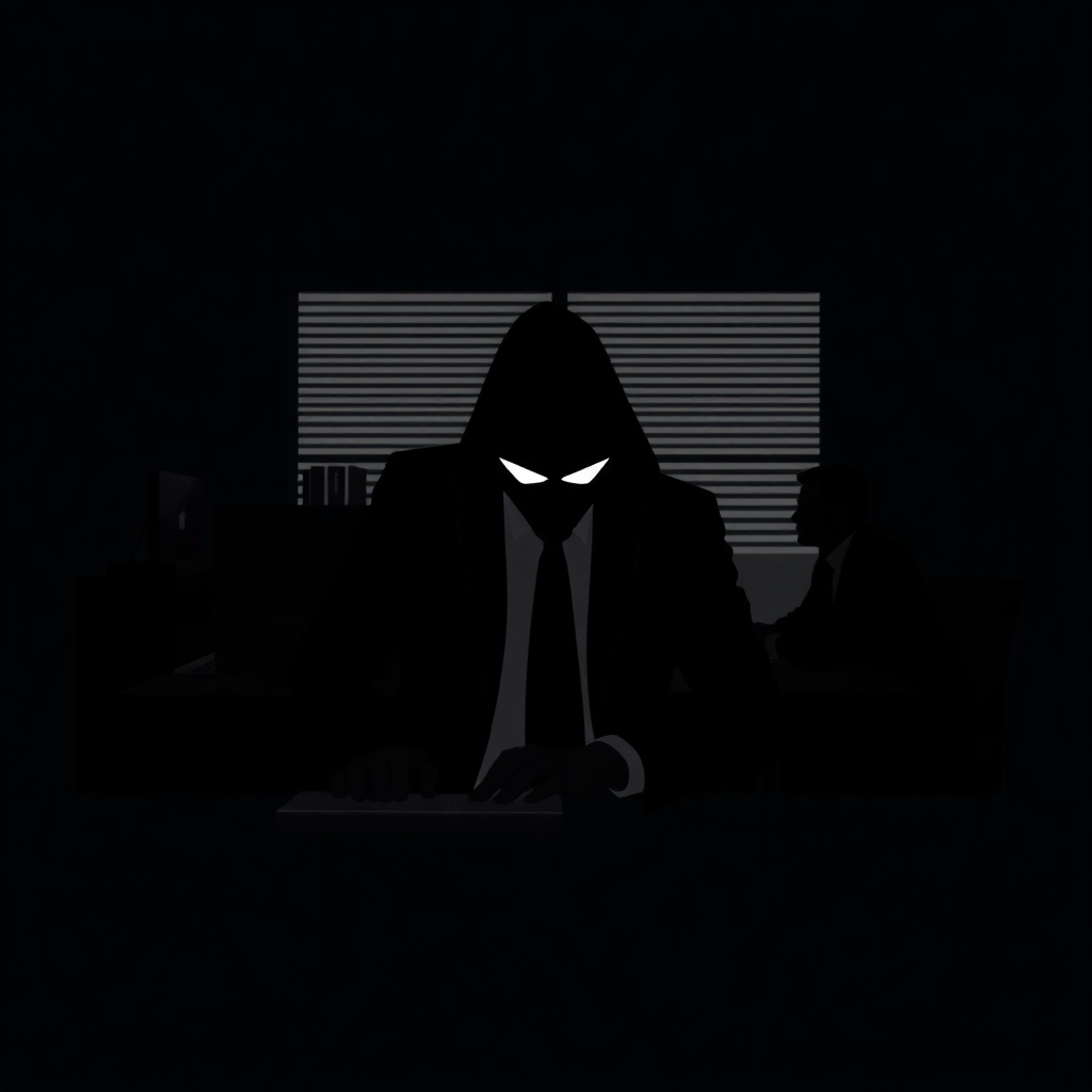 A stylized image representing corporate espionage. The scene could depict a silhouetted figure hacking into a computer system or a clandestine meeting taking place in a shadowy location. The overall tone should be suspenseful and dramatic.